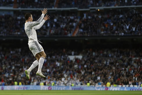 Cristiano Ronaldo jumping high during his goal celebration in Real Madrid 3-0 Levante, for La Liga