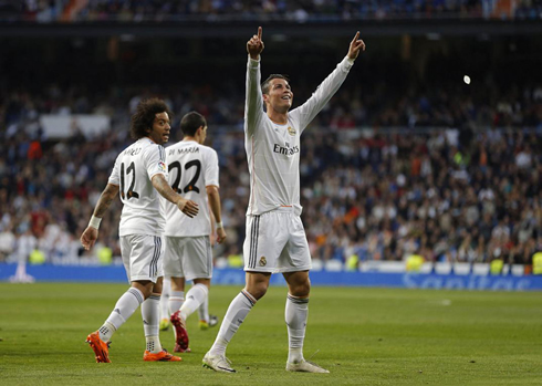 Cristiano Ronaldo smiling and dedicating his latest Real Madrid goal to someone in the stands