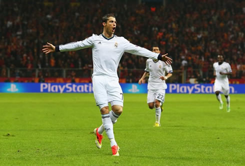 Cristiano Ronaldo in a Real Madrid jersey completely white, without any ads or sponsorships showing in the front, in a game against Galatasaray in the Champions League 2013