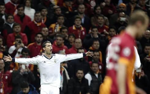 Cristiano Ronaldo celebrating Real Madrid goal, by turning his back to the Turkish fans in the Turk Telekom Arena, in 2013