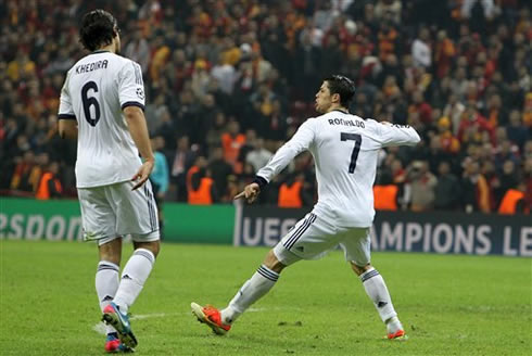 Cristiano Ronaldo celebrates in absolute fury and rage, Real Madrid's second goal against Galatasaray, in another Champions league night game in 2013