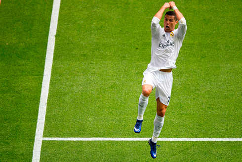 Cristiano Ronaldo jump before his goal landing celebration for Real Madrid