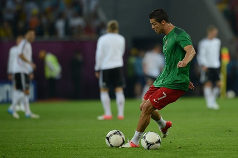 Cristiano Ronaldo warming up his shots, before Portugal takes on Germany for the EURO 2012