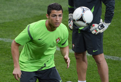 Cristiano Ronaldo looking very focused in the Portuguese National Team warmup before the game against Germany, for the EURO 2012