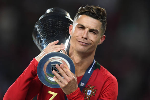 Cristiano Ronaldo making a funny face while he carries the UEFA Nations League trophy