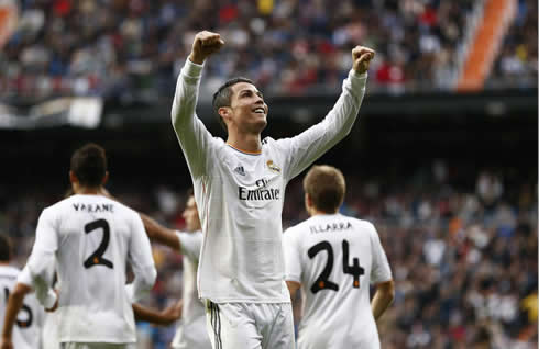 Cristiano Ronaldo celebrating his hat-trick with the Real Madrid fans in the crowd