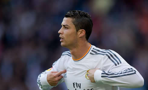 Cristiano Ronaldo pointing two fingers towards himself, during Real Madrid vs Real Sociedad for La Liga 2013-2014