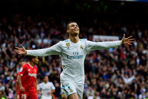 Cristiano Ronaldo shows his happy face as he scores in Real Madrid vs Sevilla in 2017