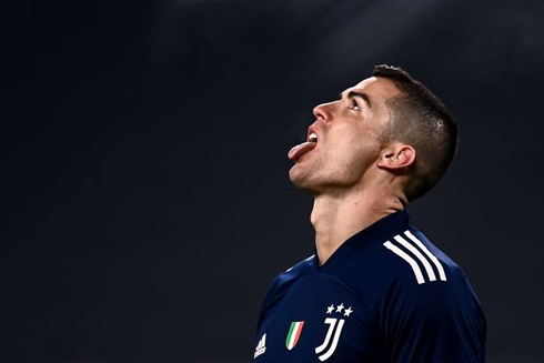 Cristiano Ronaldo sticks his tongue out during a match for Juventus