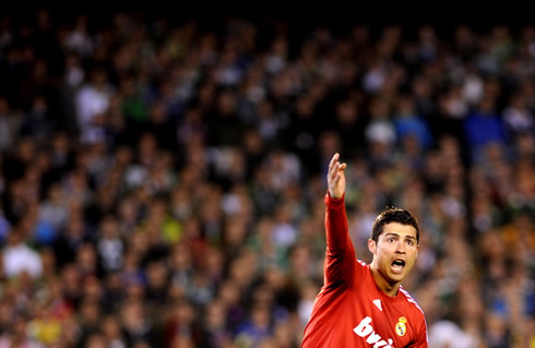 Cristiano Ronaldo complaining at either the referee or the linesman in a Real Madrid game against Betis
