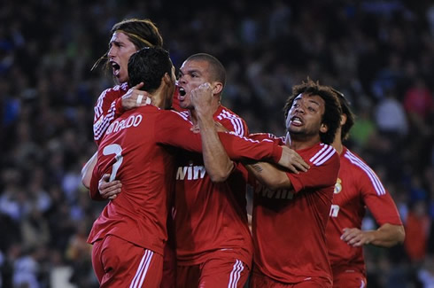 Cristiano Ronaldo with Pepe, Sergio Ramos and Marcelo, celebrating Real Madrid goal against Betis