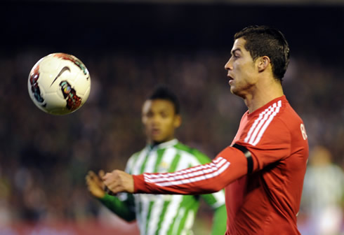 Cristiano Ronaldo preparing to receive the ball on his chest