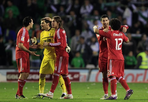 Real Madrid players, Arbeloa, Casillas, Sergio Ramos, Cristiano Ronaldo and Marcelo celebrating a goal in 2012