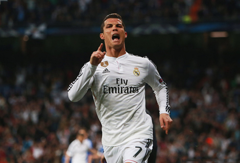 Cristiano Ronaldo claiming some respect to the players as he celebrates Real Madrid goal against Schalke 04