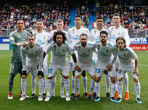 Cristiano Ronaldo in his tip-toe stance in Real Madrid team photo ahead of their league game against Eibar, in 2018