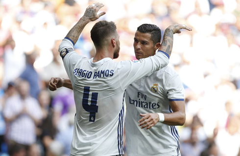 Cristiano Ronaldo and Sergio Ramos hugging each other in La Liga 2016-2017