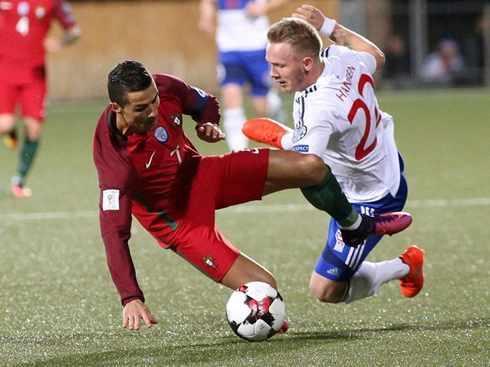 Cristiano Ronaldo gets tackled down in Faroe Islands 0-6 Portugal