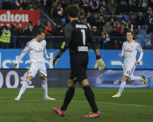 Cristiano Ronaldo goal celebration after scoring for Real Madrid against Atletico Madrid, in the Vicente Calderón