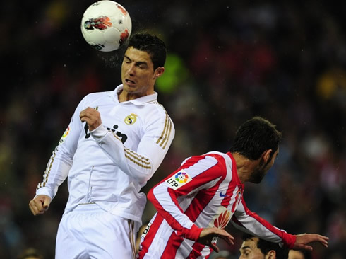 Cristiano Ronaldo heading the ball in Atletico Madrid vs Real Madrid in 2012