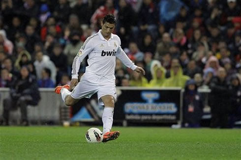 Cristiano Ronaldo taking a long range free-kick for Real Madrid, in the Vicente Calderón in 2012