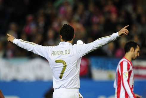 Cristiano Ronaldo pointing to both sides as he celebrates his hat-trick in Atletico Madrid 1-4 Real Madrid, in La Liga 2012
