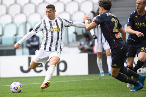 Cristiano Ronaldo striking the ball in Juventus vs Genoa