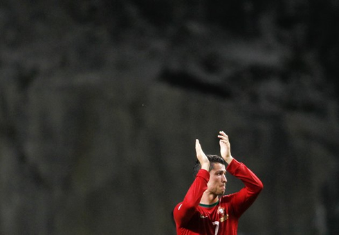 Cristiano Ronaldo applauding the Portuguese crowd present at Braga's Axa stadium, after the game between Portugal and Azerbaijan, in 2012