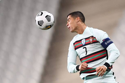 Cristiano Ronaldo heading a ball in France 0-0 Portugal, for the UEFA Nations League