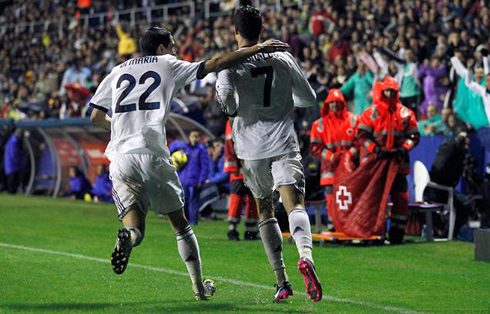 Cristiano Ronaldo and Angel Di María celebrate the goal against Levante together, in La Liga 2012-2013
