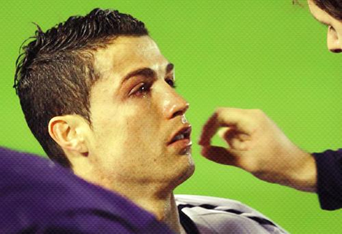 Cristiano Ronaldo crying after being being hit with a strong elbow by David Navarro in his left eye, in Levante vs Real Madrid for La Liga 2012-2013