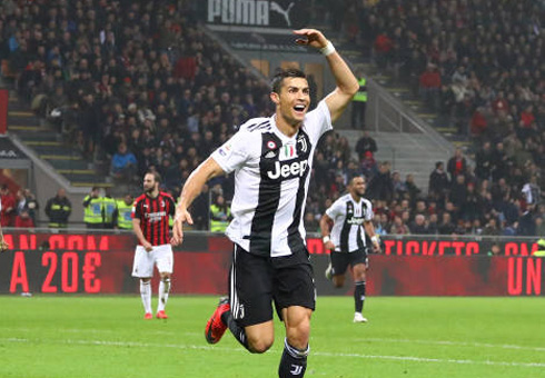 Cristiano Ronaldo celebrates his goal at the San Siro, in AC Milan 0-2 Juventus for the Serie A in November of 2018