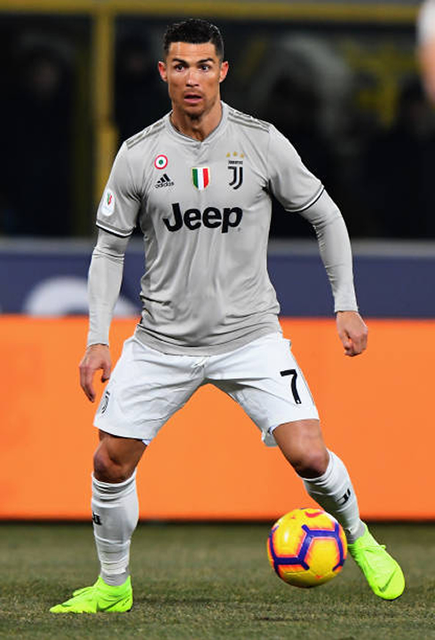 Cristiano Ronaldo wearing Juventus grey kit in a cup tie against Bologna