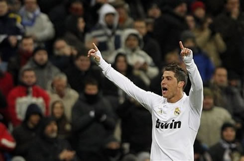 Cristiano Ronaldo celebrates with Real Madrid fans another goal for the club, in La Liga 2012