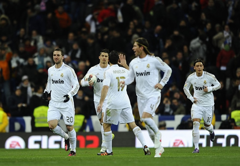 Cristiano Ronaldo makes a funny face as he returns to his half, after scoring another goal for Real Madrid in 2012