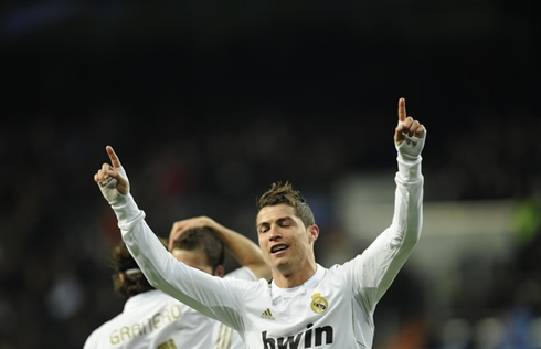 Cristiano Ronaldo closes his eyes and points to the sky when celebrating a goal for Real Madrid