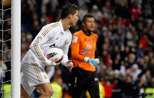Cristiano Ronaldo gets the ball, after scoring the equaliser against Levante, in the Santiago Bernabéu in 2012