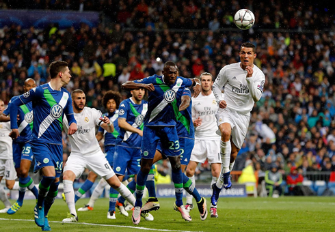 Cristiano Ronaldo scoring Real Madrid second goal from a header, in the Champions League quarter-finals second leg, in 2016
