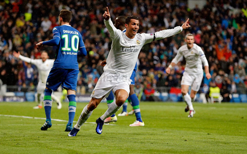 Cristiano Ronaldo celebrating Real Madrid goal against Wolfsburg, in the Champions League 2015-2016