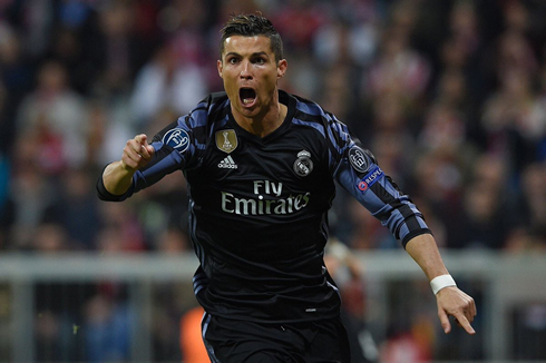 Cristiano Ronaldo celebrates Real Madrid goal in Munich, in Champions League 2017