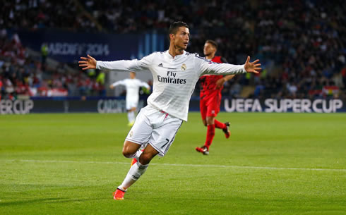 Cristiano Ronaldo goal celebration in Real Madrid 2-0 Sevilla, at the Cardiff City stadium, in Wales