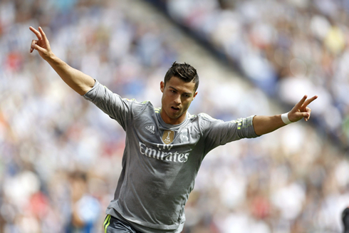 Cristiano Ronaldo celebrates having scored 5 goals in Espanyol 0-6 Real Madrid, for the Spanish League 2015-2016