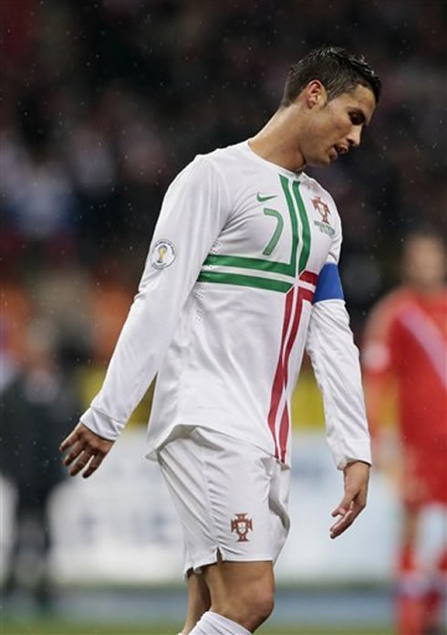 Cristiano Ronaldo looking frustrated as Portugal loses by 1-0 to Russia, at the 2014 World Cup qualifying stages in 2012