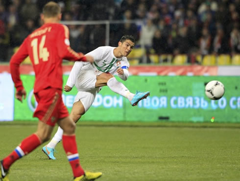Cristiano Ronaldo powerful shot in Russia vs Portugal, leaning his body upfront to increase the power, in 2012