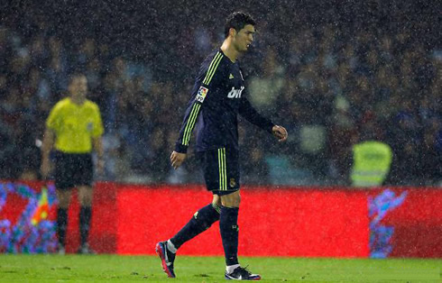 Cristiano Ronaldo catching a cold in a rainy night in Vigo, Spain, in a Copa del Rey match for Real Madrid