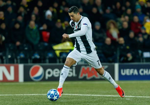 Cristiano Ronaldo in full speed during a game for Juventus in the Champions League