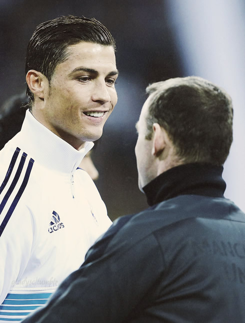 Cristiano Ronaldo exchanging smiles with Wayne Rooney, ahead of their clash for the Champions League 2013 at the Santiago Bernabéu, between Real Madrid and Manchester United