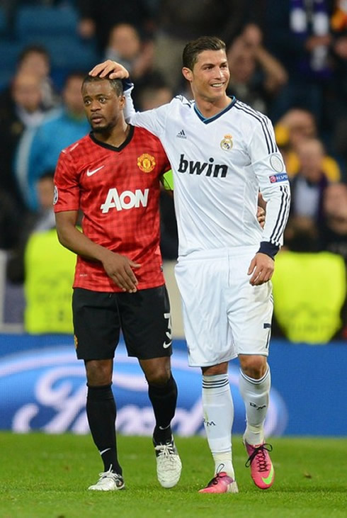 Cristiano Ronaldo joking with Patrice Evra low height, after he outjumped him in Real Madrid's first goal vs Manchester United, in the Champions League 2013