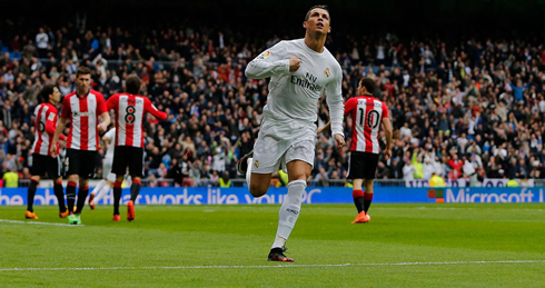 Cristiano Ronaldo points to himself on the chest, after scoring for Real Madrid