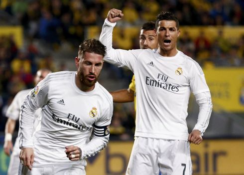 Cristiano Ronaldo celebrates Sergio Ramos goal in Las Palmas
