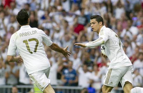 Cristiano Ronaldo and Alvaro Arbeloa, celebrating Real Madrid goal against Mallorca, in 2012
